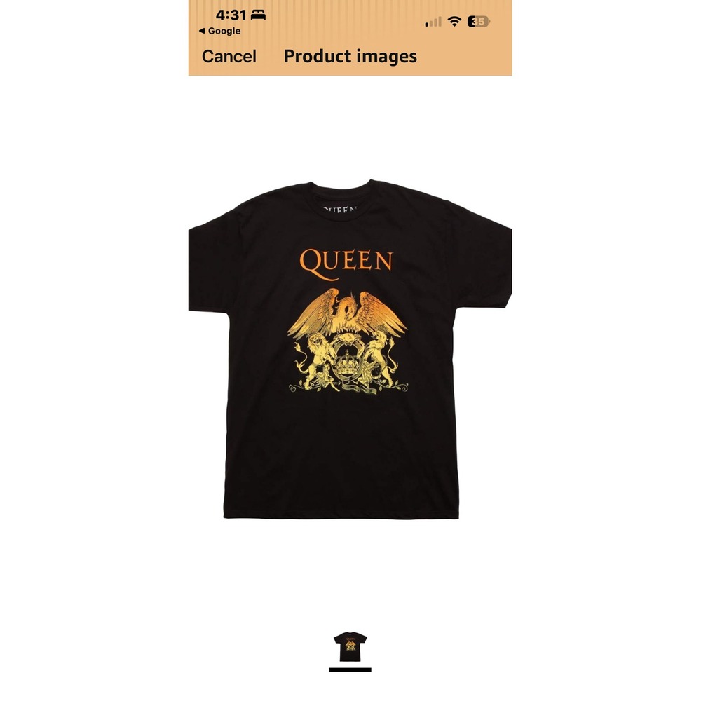 Queen Band Crest Graphic T-Shirt Black Gold Orange Logo Rock Tee Womens‎ Size 2